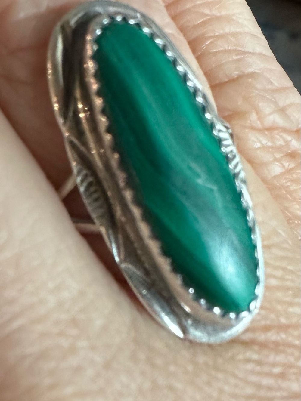Sterling Silver Green Malachite Elongated Ring - Vintage